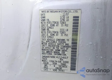 2008 Nissan Frontier Se from USA, damaged, VIN 1N6AD07U08C422407